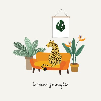 Papier peint  Leopard wild cat sitting on retro sofa. Boho interior with strelitzia flowers and palm plant. Urban jungle concept.Trendy tropical design. Vector illustration background.