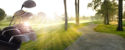 Les conducteurs de clubs de golf sur le magnifique parcours de golf au coucher du soleil, heure du lever du soleil.