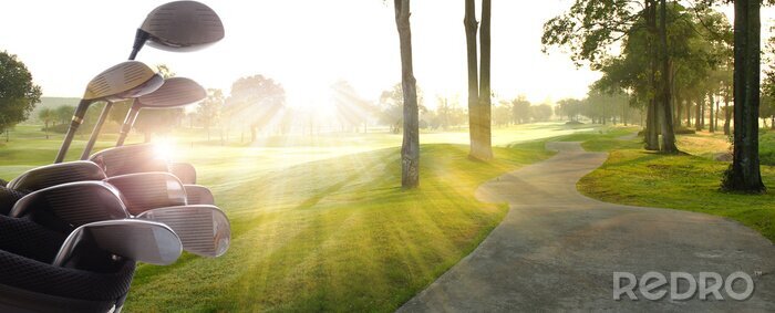 Papier peint  Les conducteurs de clubs de golf sur le magnifique parcours de golf au coucher du soleil, heure du lever du soleil.