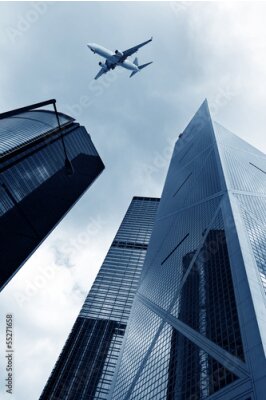 Papier peint  Les gratte-ciel et les avions de Hong Kong sur le ciel