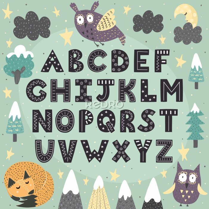 Papier peint  Les lettres de l'alphabet dans une forêt fantastique