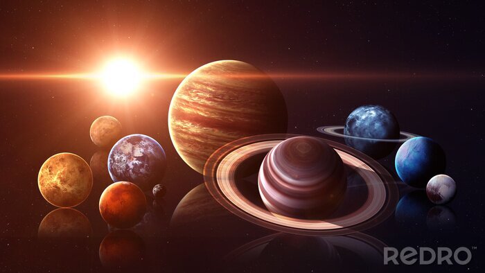 Papier peint  Les planètes du système solaire sur fond de soleil