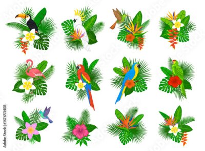Papier peint  Les plantes tropicales laissent des arrangements floraux avec des flamants, des perroquets, du tocan toucan, de la colibris, des hibiscus, de la strelitzia, du frangipani, de l'héliconia