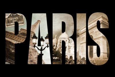 Lettres photo de collage PARIS, isolé sur fond noir, processus millésime