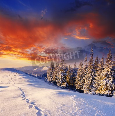 Papier peint  Lever de soleil rouge en hiver