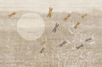 Papier peint  Libellules au-dessus des roseaux au lever du soleil