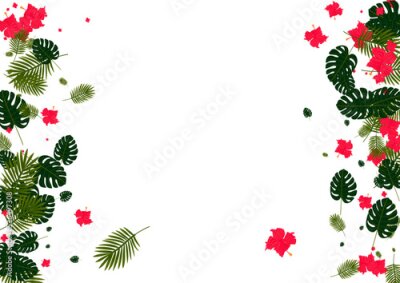 Papier peint  Light Green Leaves Background White Vector. Monstera Hawaiian Backdrop. Red Strelitzia. Hawaii Texture. Yellow Paradise Design.