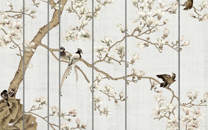 Papier peint  Light textured background, white magnolia flowers on a tree and birds
