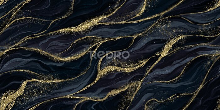 Papier peint  Lignes ondulées dorées sur fond sombre un motif élégant