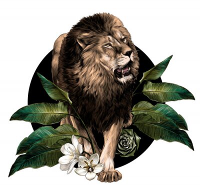 Papier peint  Lion et végétation tropicale
