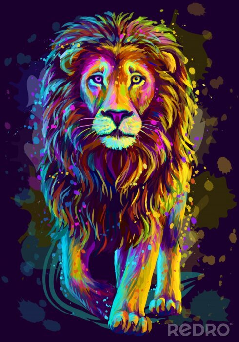Papier peint  Lion marchant aux couleurs de l'arc-en-ciel
