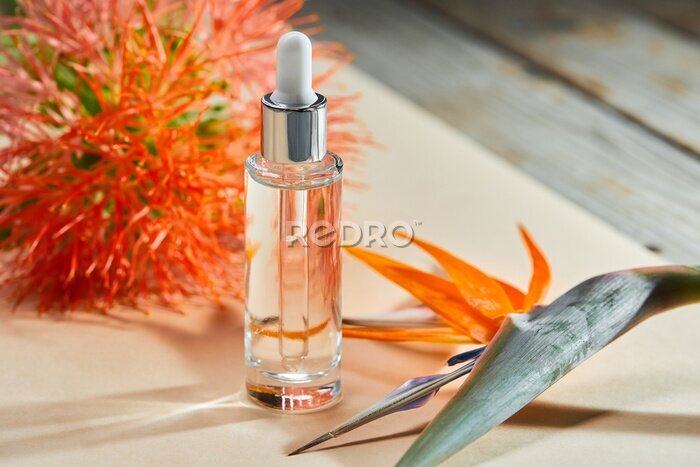 Papier peint  Liquid gel or serum in a glass transparent bottle with dropper and Bird of Paradise flower (Strelitzia reginae) on a beige background