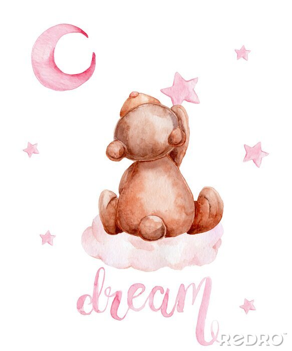 Papier peint  Little brown teddy bear sitting on a cloud and moon and stars; watercolor hand draw illustration; with white isolated background