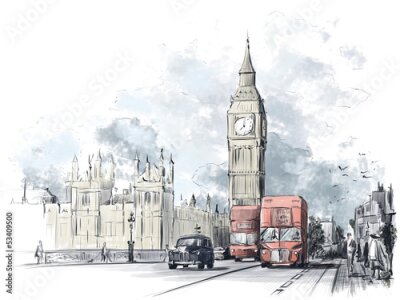 Papier peint  Londres avec Big Ben et bus rouges