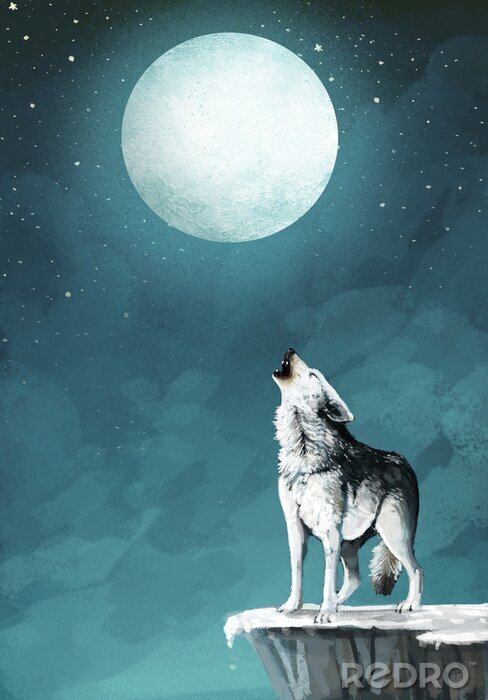 Papier peint  Loup sur fond de ciel nocturne