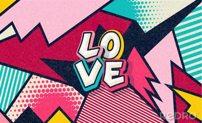 Papier peint  Love! Pop art funny comic word. Fashionable poster and banner. Social Media Connecting Blog Communication Content. Trendy and fashion color retro vintage illustration background. Vector easy editable 