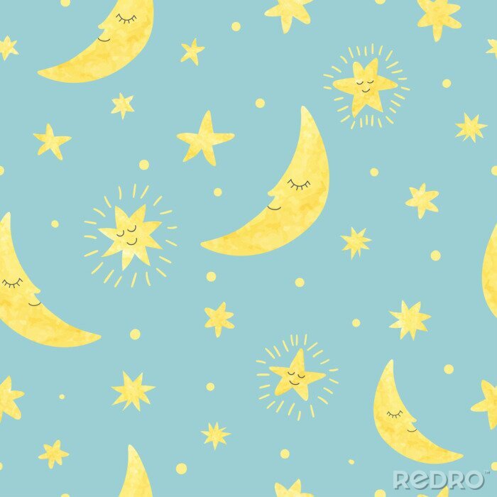 Papier peint  Lunes et étoiles jaunes et ciel nocturne