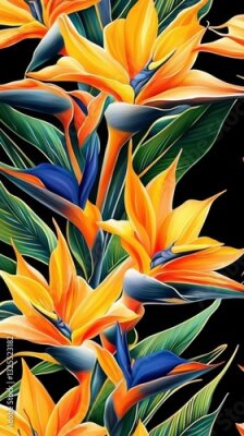 Papier peint  Lush and colorful seamless print with exotic strelitzia elements.