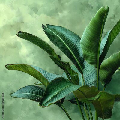 Papier peint  Lush green tropical Strelitzia leaves with green textured wall and natural details concept with copy space
