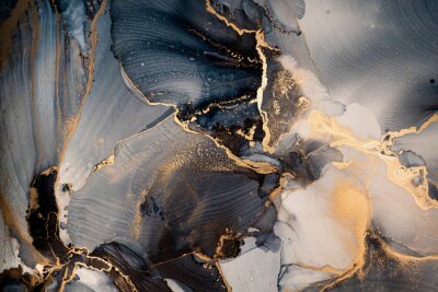 Papier peint  Luxury abstract fluid art painting in alcohol ink technique, mixture of dark blue, gray and gold paints. Imitation of marble stone cut, glowing golden veins. Tender and dreamy design.