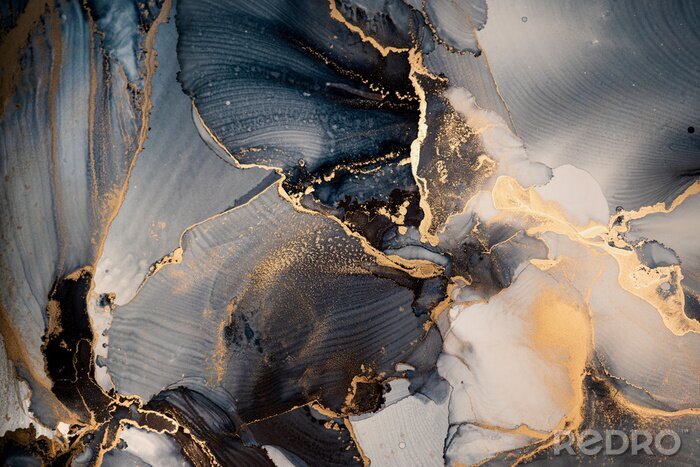 Papier peint  Luxury abstract fluid art painting in alcohol ink technique, mixture of dark blue, gray and gold paints. Imitation of marble stone cut, glowing golden veins. Tender and dreamy design.