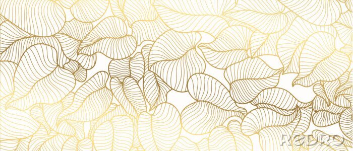 Papier peint  Luxury golden art deco wallpaper. Nature background vector. Floral pattern with golden split-leaf Philodendron plant with monstera plant line art on white  background. Vector illustration.