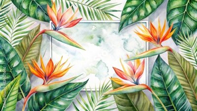 Papier peint  Luxury wedding invitation card background featuring watercolor Strelitzia flowers and botanical leaves, luxury, wedding, invitation, card, background, watercolor, Strelitzia, flowers