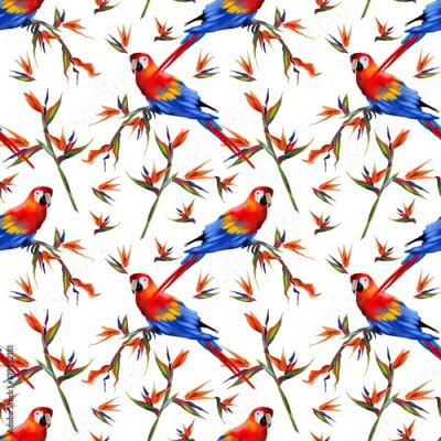 Papier peint  Macaw parrot and plant strelitzia. Watercolor seamless pattern on a tropical theme. For textiles, covers, summer banners, clothes, wrapping paper.