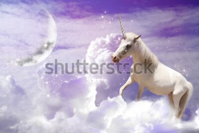 Papier peint  Magic unicorn in fantastic sky with fluffy clouds and crescent 