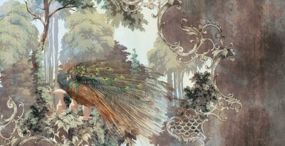 Magnifique Paon Parmi les Feuilles dans un Style Vintage