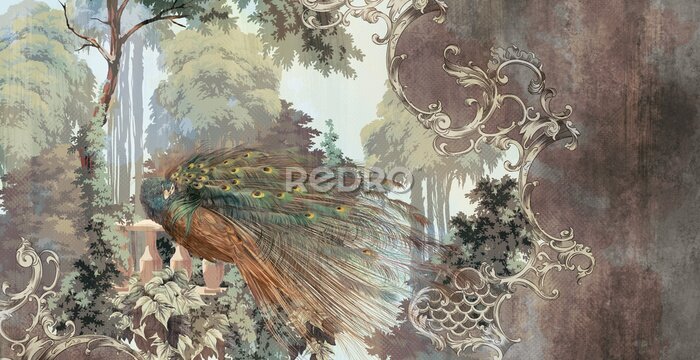 Papier peint  Magnifique Paon Parmi les Feuilles dans un Style Vintage