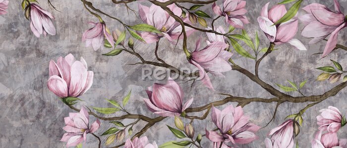 Papier peint  magnolia branch on a textured background, pastel colors and black accents, photo wallpaper in a room or home interior