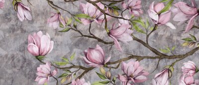 Papier peint  magnolia branch on a textured background, pastel colors and black accents, photo wallpaper in a room or home interior