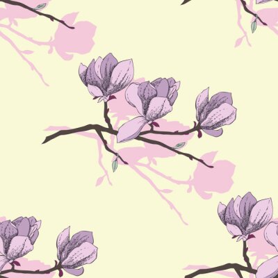 Papier peint  Magnolias mauves sur un motif graphique