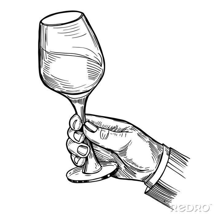 Papier peint  Main avec un verre de vin. Style de gravure. Illustration dessinée à la main convertie en vecteur.