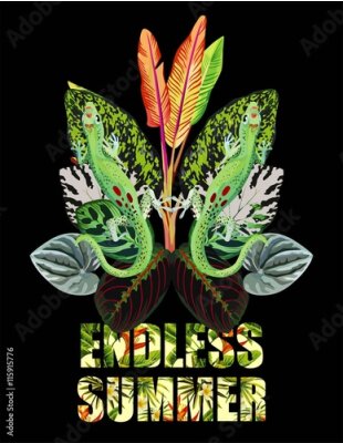 Papier peint  Main, tiré, vert, tacheté, lézard, ensemble, banane, paume, begonia, feuille Tendance slogan interminable été masque sur tropique toile de fond à fleurs Strelitzia et plumeria sur a noir fond