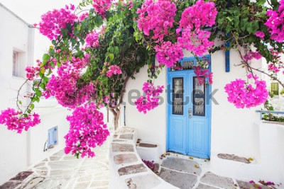 Papier peint  Maison grecque traditionnelle avec des fleurs à l'île de Paros, Grèce
