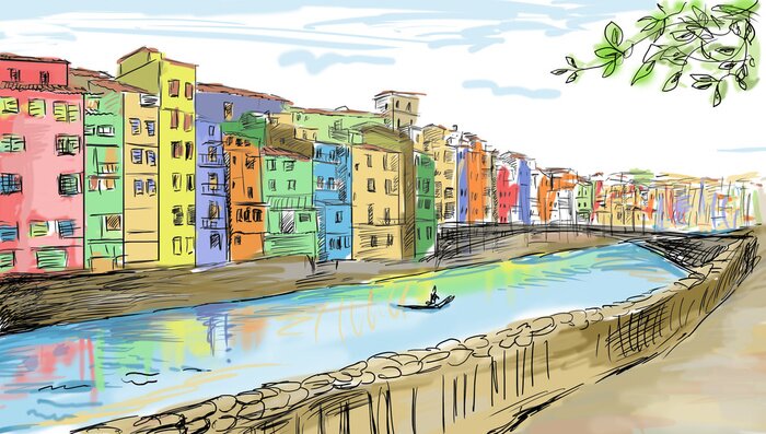 Papier peint  Maisons colorées au bord du canal version peinture