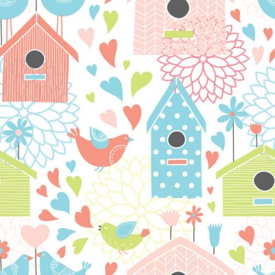 Papier peint  Maisons colorées, oiseaux et cœurs