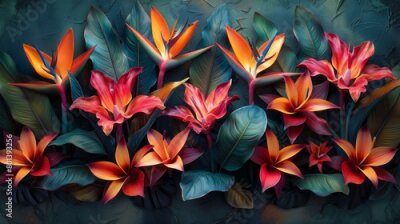 Papier peint  Majestic Strelitzia plants stand tall against a backdrop of tropical foliage, their vibrant blooms captivating the eye. 