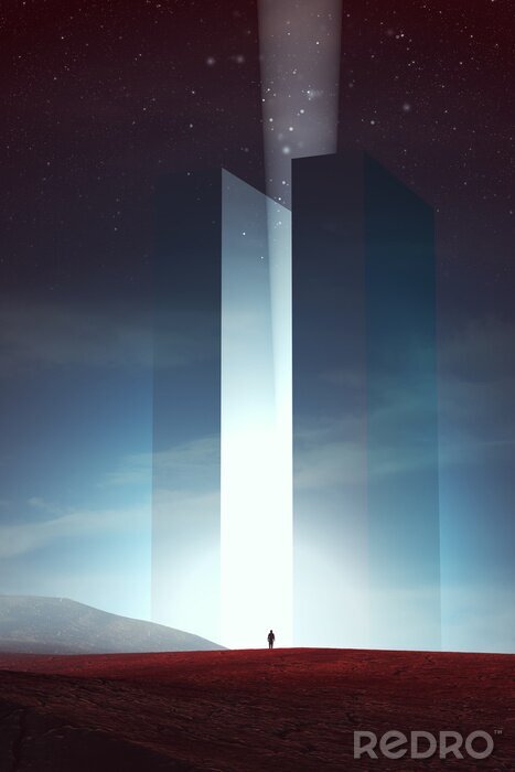 Papier peint  man in front of magical tower at night, surreal 3d illustration