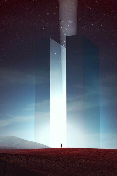 Papier peint  man in front of magical tower at night, surreal 3d illustration
