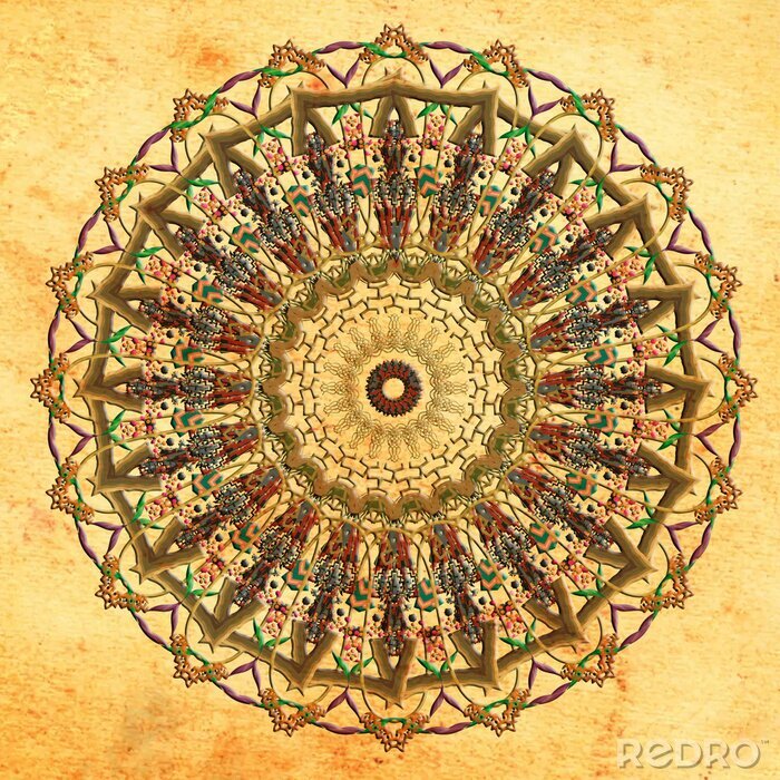 Papier peint  mandala colorful vintage art, ancient Indian vedic background design, old painting texture with multiple mathematical shapes, seamless pattern decoration for wall painting