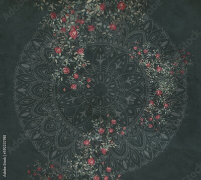 Papier peint  Mandala sur fond vert parmi les roses