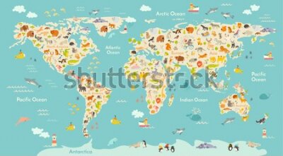 Papier peint  Map animal for kid. Continent of world, animated child's map. Vector illustration animals poster, drawn Earth. Continents and sea life. South America, Eurasia, North America, Africa and Australia