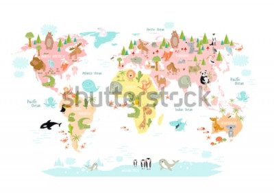 Papier peint  Mappemonde illustrée avec continents et animaux