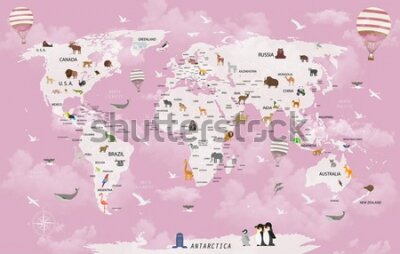 Papier peint  Mappemonde rose avec des animaux pour enfants