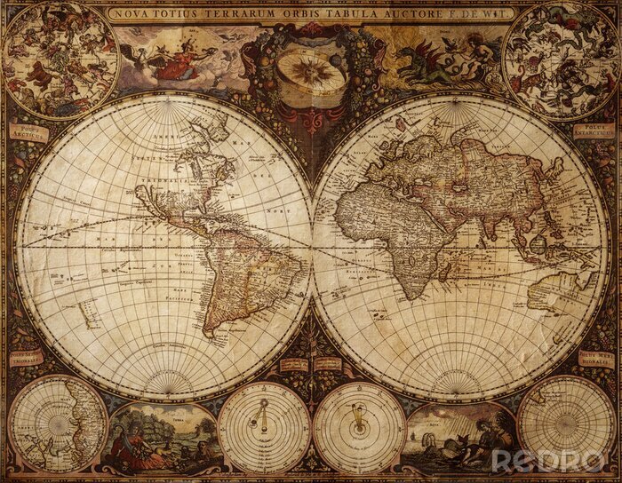 Papier peint  Mappemonde vintage ornée style rétro