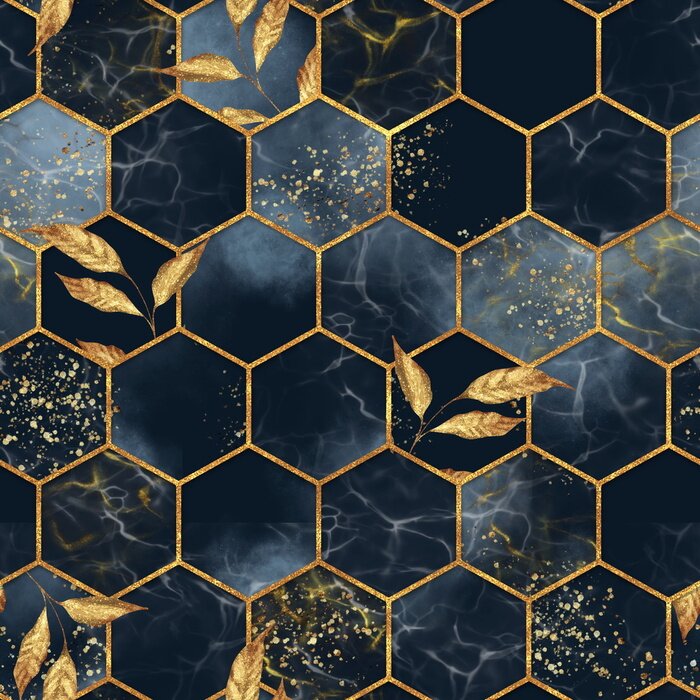 Papier peint  Marble hexagon seamless texture with golden leaves. Abstract background