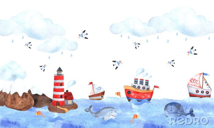 Papier peint  Marine composition of watercolor elements with a lighthouse, seagulls, sea, whale, ships, seagulls, stars, clouds and waves. Great for decorating holidays, postcards, textiles, children’s stickers and
